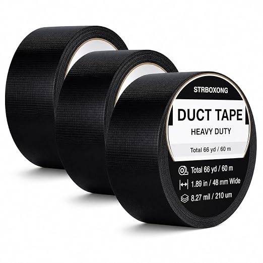 STRBOXONG Black Duct Tape Heavy Duty, 8.27 Mil Thick, 3 Rolls Strong Waterproof Cloth Backed Tape for Industrial Repair, Sealing, Bundling, Packing, Garage, Workshop and DIY, 1.89 in x 66 yd Total