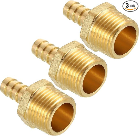 Pack of 3 Brass Hose Barb Fittings 3/8" Hose Barb to 1/2" NPT Male Fittings