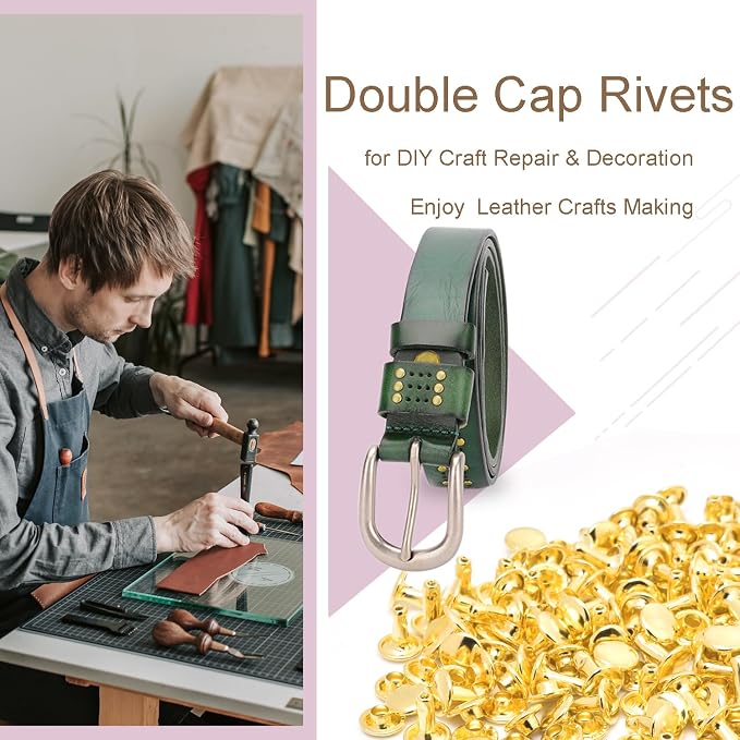 CooBigo 200Sets Rivets for Leather, 10mm Double Cap Leather Rivets Metal Tubular Studs for Leather Key Fob Clothing Pets Collar Boots Bags Belt Repair and Decoration (Gold)