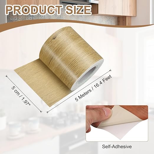uxcell Wood Tape, 2 Inch x 16ft Self-Adhesive Wood Grain Repair Tape Patch with Plastic Scraper for Baseboards, Doors, Windows, Floor Repair and Furniture Renovation, Khaki