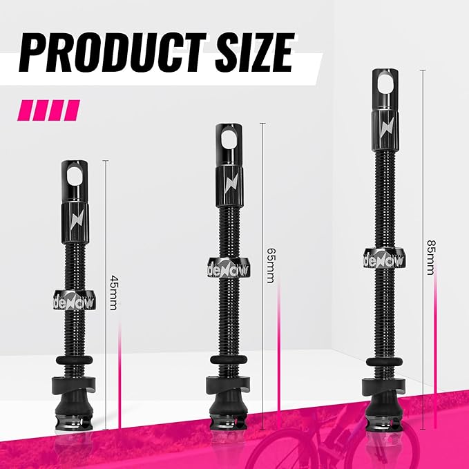 RideNow Tubeless Presta Valve Stems, 65mm Super Light Alloy Presta Tubeless Valve Stem Kit with Valve Core Remover Tool and Valve Stem Caps, Multiple Color and Size Options(Pair),Black