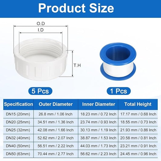 uxcell 5Pcs 1-1/2 Inch PT Female Thread PVC Pipe Fitting Cap, Cleanout Water Drain End Caps, Pipe Plug Socket Fittings with Tape for Water Heater Supply Lines, Plumbing, White