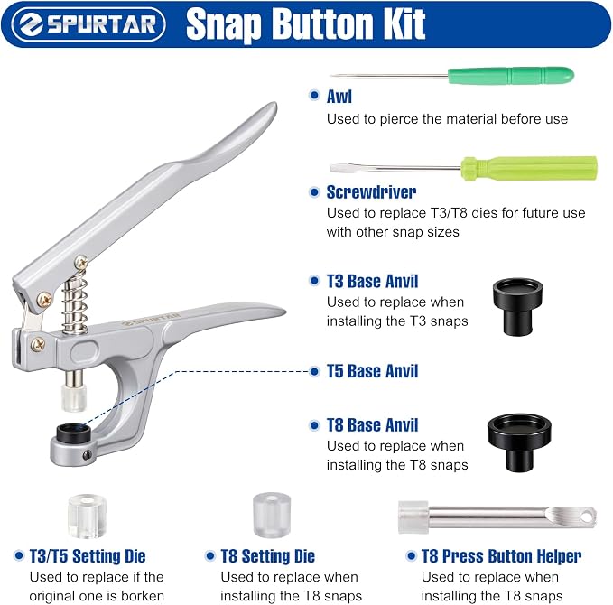 Spurtar T5 Plastic Snap Button Kit with 360 Sets Snaps for Fabric 24 Colors Snap Fasteners Kit for Fabric, Clothing, Bags, Sewing, DIY Crafts & Repairs - Single Layer Fabric Only