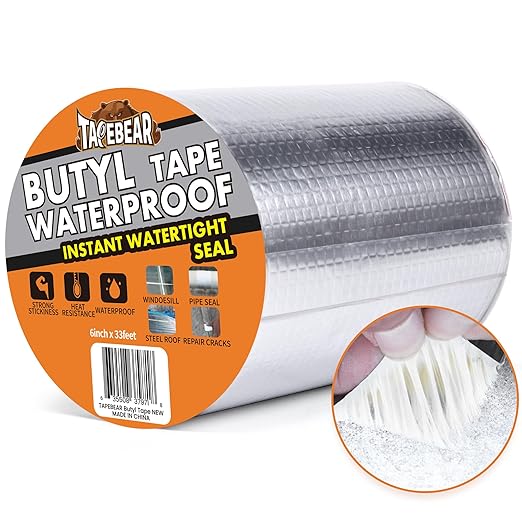 TAPEBEAR Butyl Tape Waterproof Sealant Tape 6inch x33feet, Aluminum Foil Duct Sealing Tape for RV Roof Repair, Boat and Pipe Sealing, Silicone, Glass & EDPM Roof Leak Patching, Silver