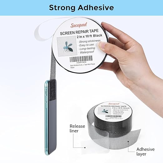 Secopad Black Window Screen Repair Tape, 2IN X 10FT Screen Repair Kit for Windows or Doors, Strong Adhesive Fiberglass Mesh Patch Tape