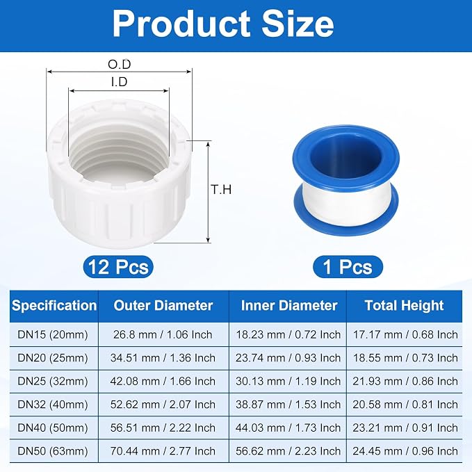 uxcell 12Pcs 1/2 Inch PT Female Thread PVC Pipe Fitting Cap, Cleanout Water Drain End Caps, Pipe Plug Socket Fittings with Tape for Water Heater Supply Lines, Plumbing, White