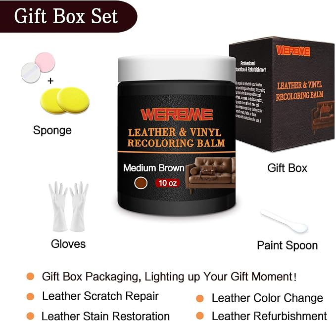 Leather Recoloring Balm & Color Restorer - 10 OZ, Medium Brown | Restore Faded Leather Color, Cover Scratches & Scuffs. Easy DIY Application for Furniture, Sofa, Car Seats, Bags & Shoes
