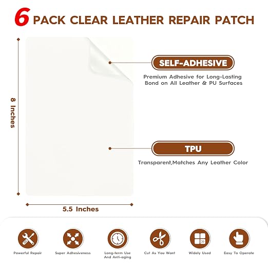 Transparent Leather Repair Patches, 5.5" x 8", 6 Sheets, Self-Adhesive Leather Repair Kit for Furniture, Sofas, Car Seats, Office Chairs and Vinyl Repair.（Semi-Transparent）