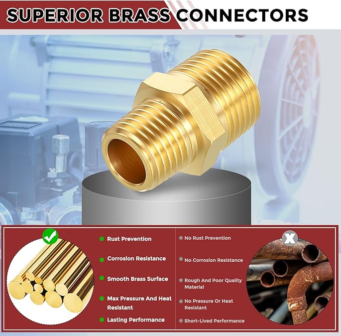 Pack of 5, 3/8" MNPT to 1/4" MNPT Solid Brass Hex Nipple Hose Connectors W/Sealing Tape, Male Pipe Adapter for Pipe Leak Repair, Bathroom Remodeling, Tool Extensions, Compression