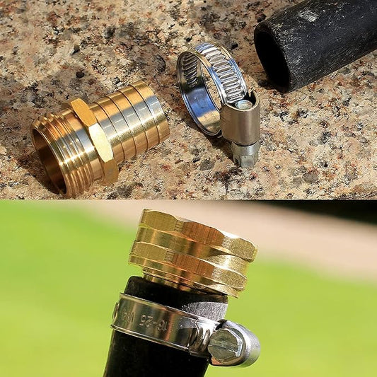 Solid Brass Garden Hose Repair kit Connector with Clamps 3/4" Barb x 3/4" Male,Fit for Garden Hose Fitting,Male and Female Hose Fittings