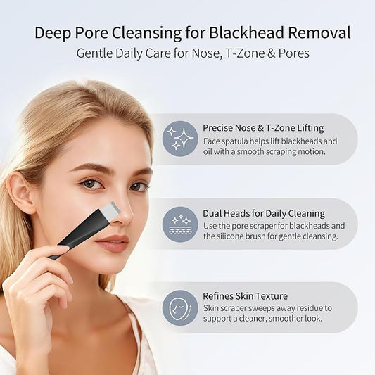 Blackhead Remover Tool, Stainless Steel Face Scraper, Skin Scrubber Face Spatula for Deep Cleansing, 3-in-1 Skin Care Tool with Blackhead Scraper, Mask Applicator & 2 Silicone Heads (Black)