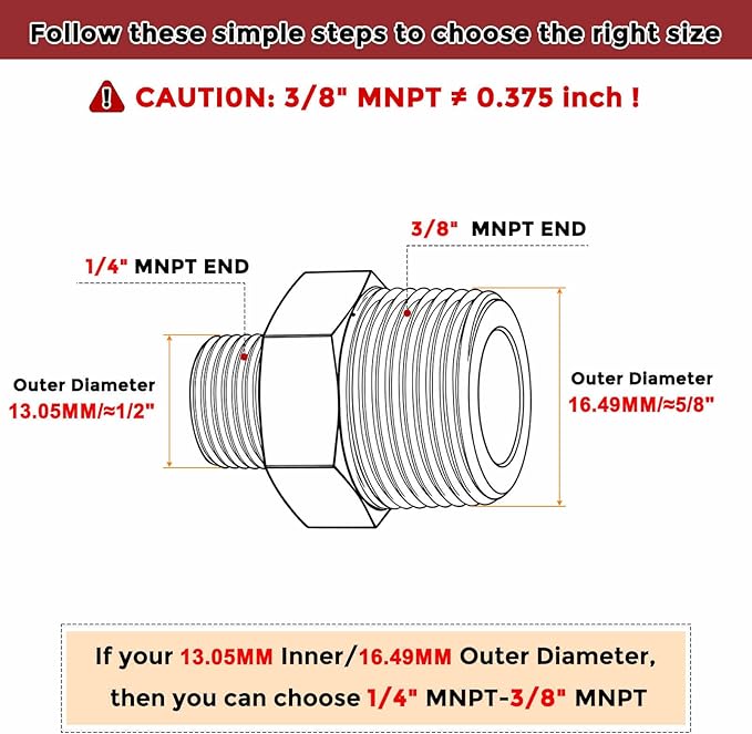 Packs of 6, 3/8" MNPT To 1/4" MNPT Solid Brass Hex Nipple Hose Connectors, Male Pipe Adapter for Pipe Leak Repair, Bathroom Remodeling, Tool Extension, Compression, Irrigation