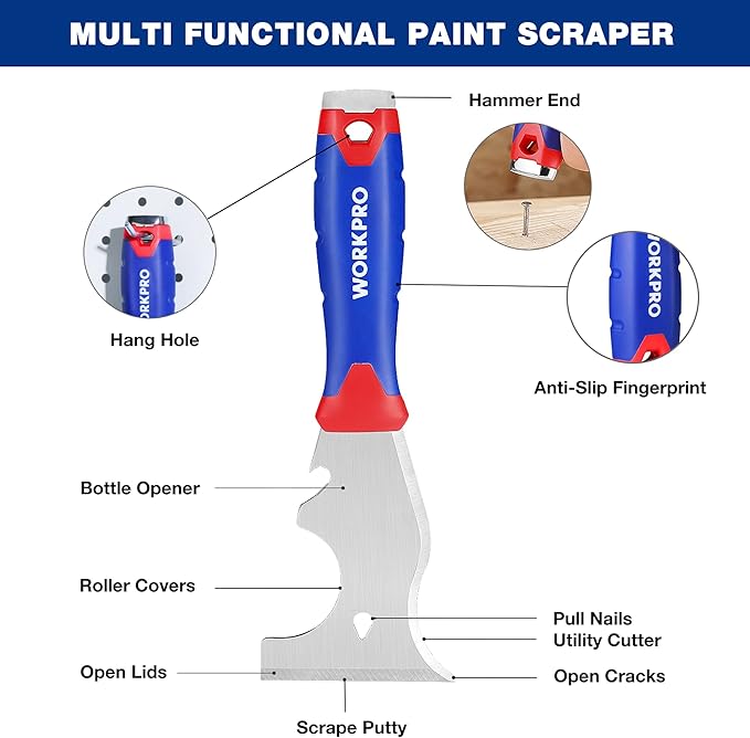 WORKPRO Paint Scraper, 8 in 1 Paint Remover, Metal Putty Knife with Hammer End and Can Opener, Stainless Steel Scraper Tool for Removing Caulk, Painting, Wood and Wallpaper