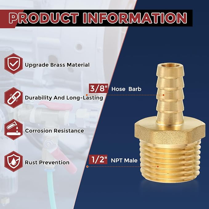 Pack of 25 Brass Hose Barb Fittings 3/8" Hose Barb to 1/2" NPT Male Fittings