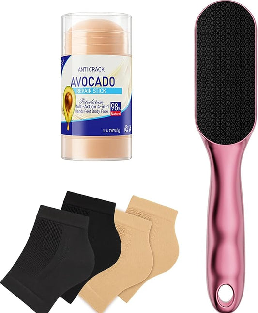 Nano Glass Foot File, Foot Callus Remover & Foot Scrubber for Smooth Feet, Professional Pedicure Tool (Heel Socks & Cracked Heel Stick Included), Pink