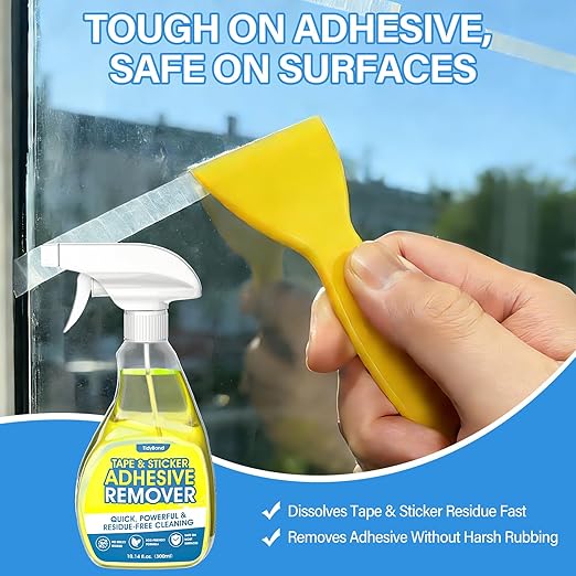 Adhesive Remover Spray 10.6 oz – Removes Stickers, Labels, Tape Residue, Glue, Chewing Gum & Caulk – Works on Metal, Glass, Plastic, Car Paint & Hard Surfaces – Sticker & Glue Cleaner with Scraper