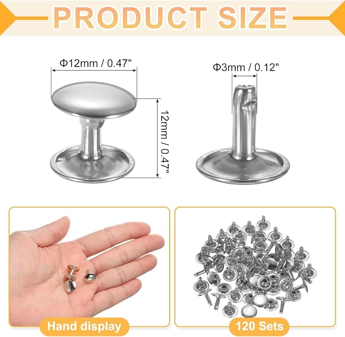 uxcell 120Set Leather Rivets, 12mm Double Cap Rivet Tubular Metal Studs Repairs Decoration Craft Accessories for Repair Decorate Leather Craft Belt Bag Shoes Purse Belts, Silver