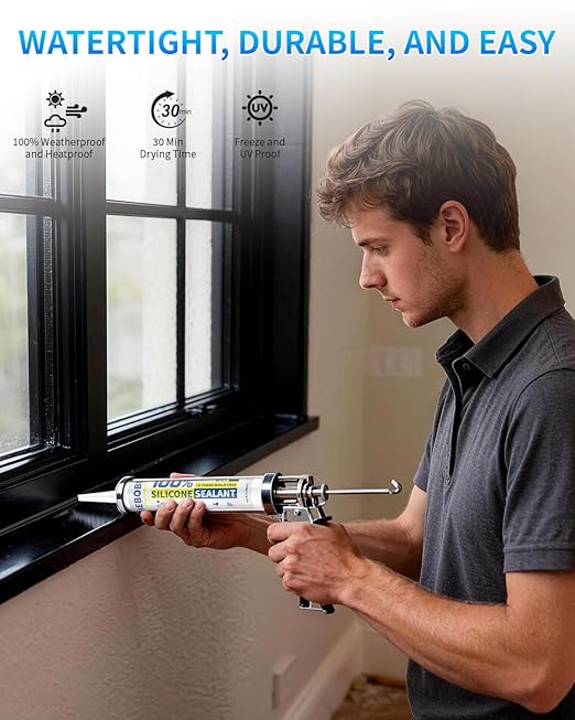 Black Silicone Caulk & Sealant, 100% Waterproof Silicone Caulking, Silicone Sealant Caulking for Kitchen, Bathroom, RV, Interior & Exterior Use, Shrink & Crack Proof, 10.2 FL. OZ/300ML, 12 Pack