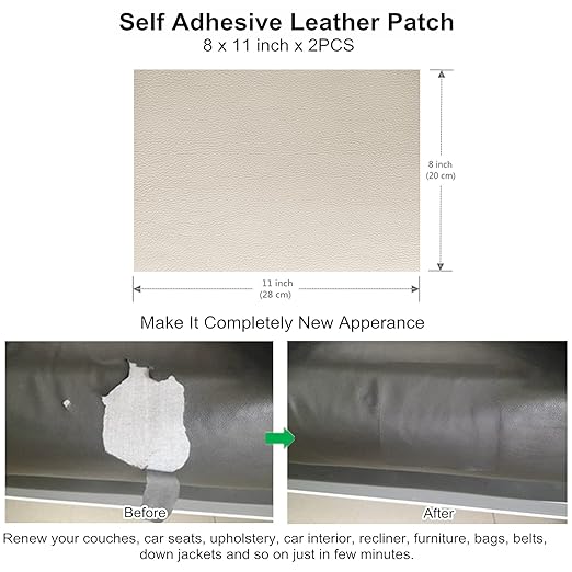 ILOFRI Leather Repair Patch 8x11 inch 2 Pcs, Durable Self Adhesive Vinyl and Leather Repair Kit for Couch, Car Seats, Boat Seat, Furniture, Upholstery, Auto Interior, Sofa, Chair - Ivory