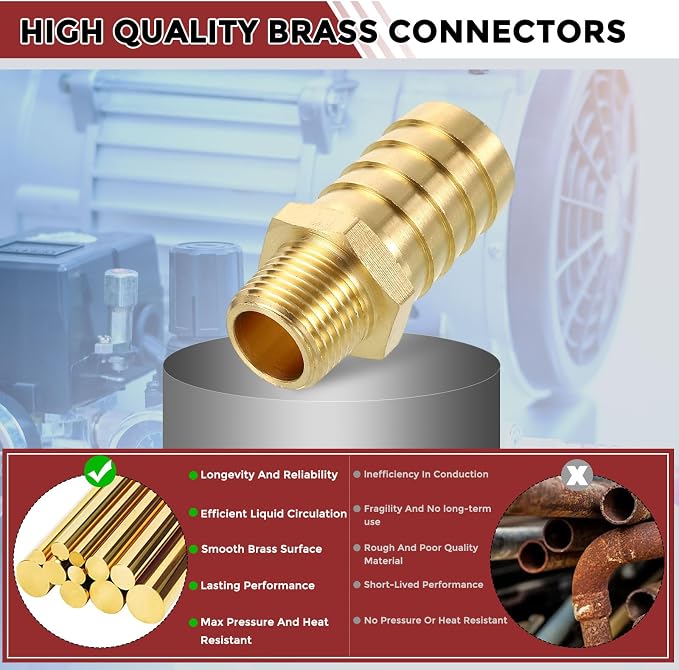Pack of 2 Brass Hose Barbs Fittings 5/8" Hose Barbs to 1/4" NPT Male Fittings for Home Machines, Massage Bathtubs, and Irrigation Systems
