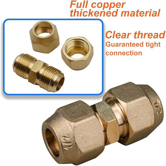 2 Pieces Air Conditioning Copper Pipe Extension Connectors Brass Flare Fitting Nuts 1/2" Butt Copper Tube Fitting with Flare Nut