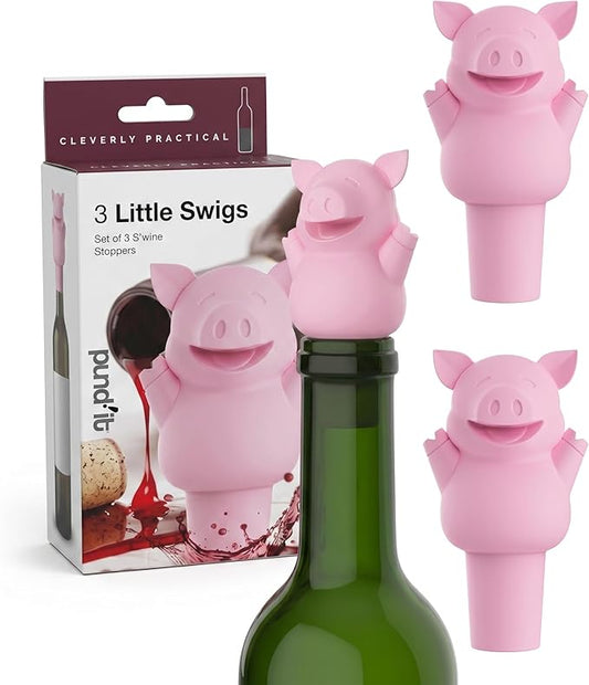 Pund'it 3 Little Swigs Wine Bottle Stoppers, Set of 3 Pig Silicone Champagne and Wine Corks