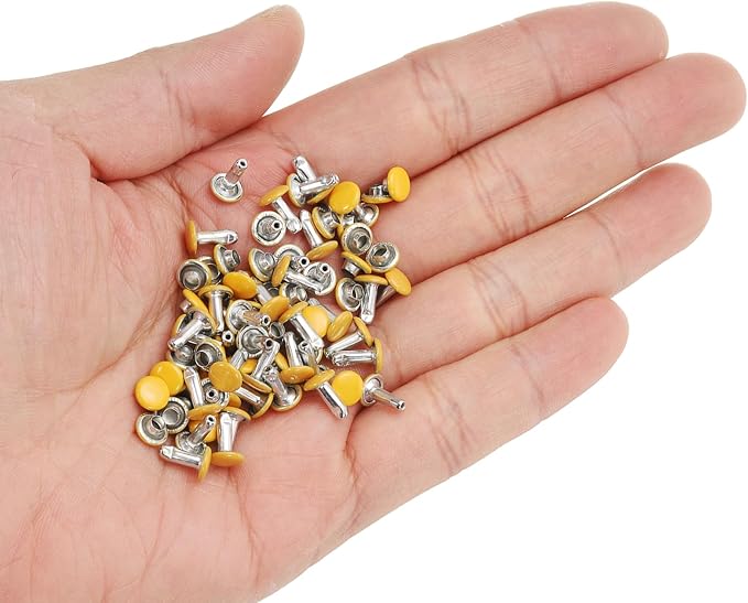 HARFINGTON 100 Sets Double Cap Leather Rivets, 6x8mm Round Cap Tubular Metal Studs Leather Crafting Rivets for Fabric Belt Pet Collar Boot Bag Repair and Decoration, Yellow