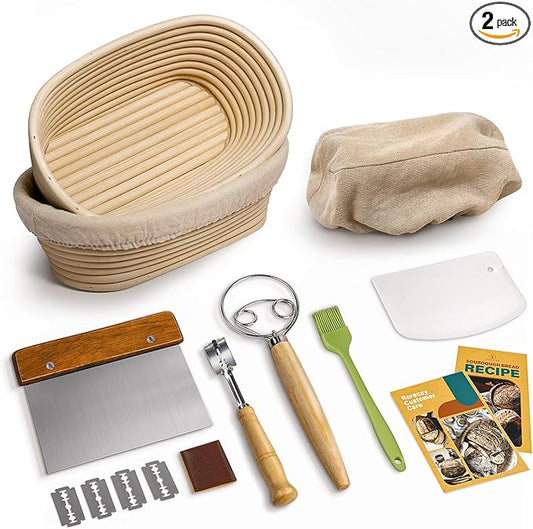 Rorecay Banneton Bread Proofing Baskets Set of 2, 10 Inch Oval Cane Sourdough Bread Rising Basket Bowls with Sourdough Bread Lame Dough Scraper Basting Brush for Sour Dough Proofing Fermentation