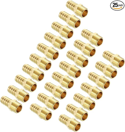 Pack of 25 Brass Hose Barb Fittings Adapter Connector 5/8" Hose Barb to 1/2" NPT Male Fittings for Home Machines, Massage Bathtubs, and Irrigation Systems