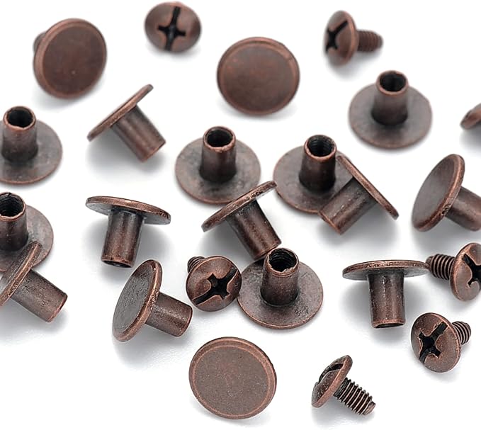 YORANYO 100 Sets Antique Copper Round Flat Head Chicago Screws for Leather Chicago Rivets Kit Button Studs Leather Rivets Chicago Screw for Leather Crafting Clothing Shoes Belts Bags 25/64 Inch