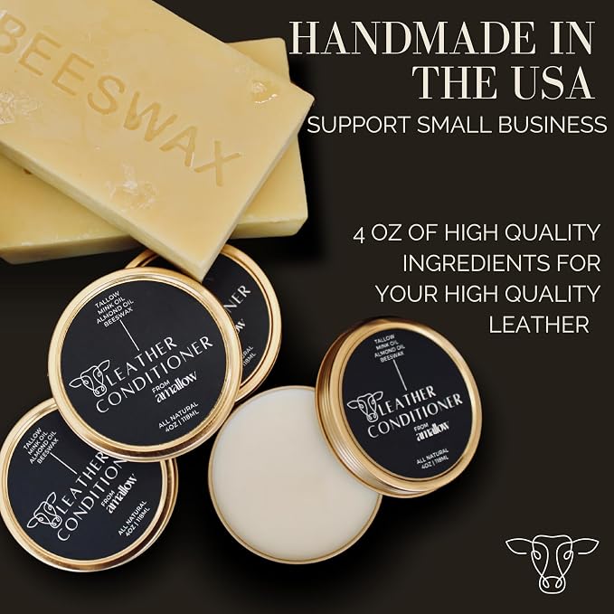 All Natural Leather Conditioner Balm - Made with Mink Oil, Tallow, & Beeswax, Protects, Softens Restores and Waterproofs Leather Shoes, Boots, Bags, Furniture (4 Oz)