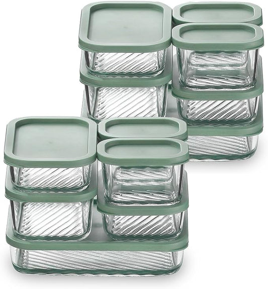EATEX 12 Pack Glass Meal Prep Containers with Grooved Base, 12 Stackable BPA Free Glass Storage Containers with Lids for Lunch, Pantry, and Kitchen - Microwave, Dishwasher Freezer & Oven Safe - Sage