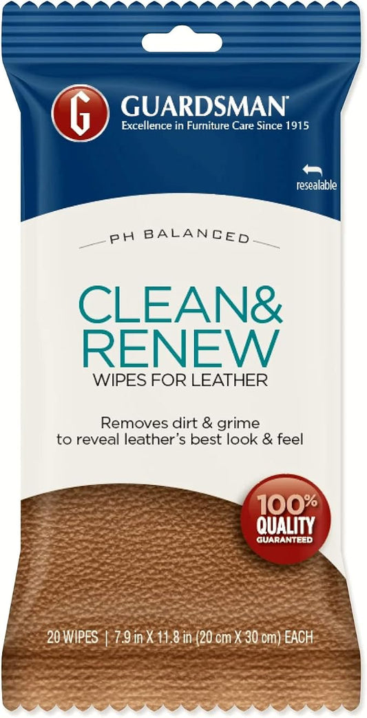 Guardsman Clean and Renew Leather Protector for Leather Furniture & Car Interiors | Small Leather Goods and Leather Shoe Cleaner, Wipes 20 Count