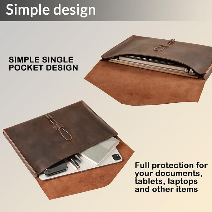 Genuine Leather Envelope Document Holder， Leather File Folder Organizer，Envelope Document Holder for Men&Women, Personalized Folio Laptop Sleeve Case for 15" Laptops, Tablets