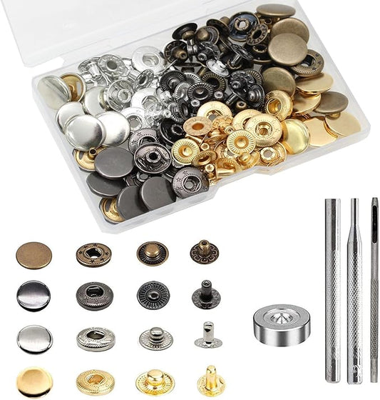 BetterJonny 24 Sets Heavy Duty Leather Snap Fasteners Kit, 15mm Metal Snap Buttons Press Studs Leather Rivets Snaps with 4 Setter Tools for Clothes Bracelet Jackets Jeans, 4 Color