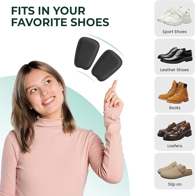 Shoe Tongue Pads for Men & Women - Welnove 4 Pairs Suede Memory Foam Shoe Padding Cushion Soft Self Adhesive Inserts Filler for Boots, Leather Shoes, Dress Shoes, Loafers (Black, Size S)