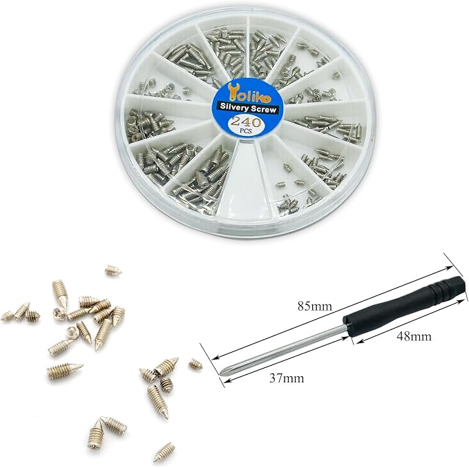 240 Pcs Nickel Plated Carbon Steel Tip Screws (M2*3-M2*6, M2.5*3-M2.5*8, M3*3-M3*8) with 2mm Screwdriver for Belt Buckle, Wallet, Handbag, Purse Repair