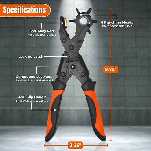 Adorox Heavy Duty Quality & Professional Design Revolving Hole Punch Pliers Kit – with Steel Ruler & File, Puncher with 6 Hole Sizes for Belts, Watch Straps, Saddles, Shoes & DIY Crafts