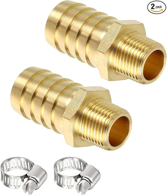 Pack of 2 Brass Hose Barb Fitting 5/8" Barb to 1/4" NPT Male Fittings with 2pcs Hose Clamp for Home Machines, Massage Bathtubs, and Irrigation Systems