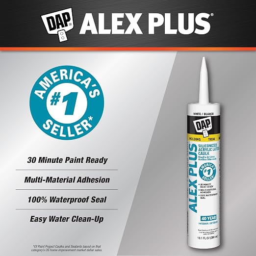 DAP Alex Plus Acrylic Latex Caulk, White, 10.1 Oz (7079818152) (Pack of 12)