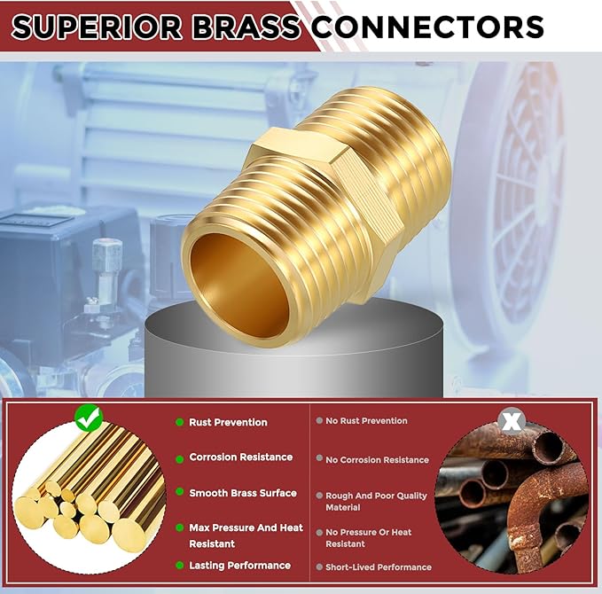 Pack of 5, 1/2" MNPT to 1/2" MNPT Solid Brass Hex Nipple Hose Connectors W/Sealing Tape, Male Pipe Adapter for Pipe Leak Repair, Bathroom Remodeling, Tool Extensions, Compression