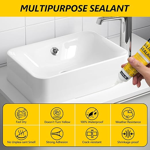 LISRUX Advanced White Silicone Caulk for Kitchen & Bathroom - 2 Pack (3.2 Fl Oz Each) | 100% Waterproof Silicone Sealant | Super Strong Adhesion, Shrink & Crack Proof