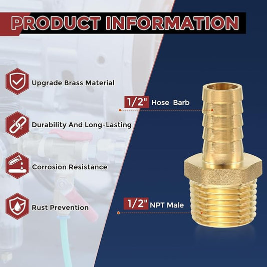 Pack of 8 Brass Hose Barb Fittings 1/2" Hose Barb to 1/2" NPT Male Fittings
