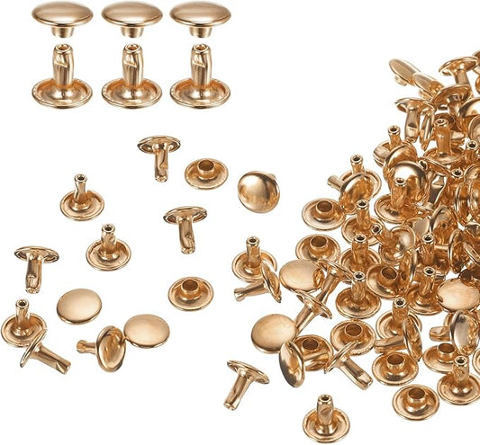 HARFINGTON 100 Sets Double Cap Leather Rivets, 9x8mm Round Cap Tubular Metal Studs Leather Crafting Rivets for Fabric Belt Pet Collar Boot Bag Repair and Decoration, Light Gold
