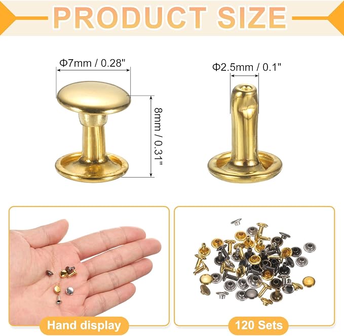 uxcell 120Set Leather Rivets, 7mm Double Cap Rivet Tubular Metal Studs Repairs Decoration Craft Accessories for Repair Decorate Leather Craft Belt Bag Shoes Purse Belts, 4 Color
