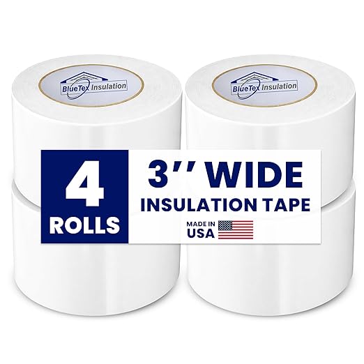 BlueTex Insulationㅤ3 Wide x 180' Long White Vapor Barrier Seam Tape - 4 Rolls Bulk Pack, Great for Crawlspaces, Waterproofing, Insulation Repairs, Underlayment Seams, Metal Building Insulation Seams