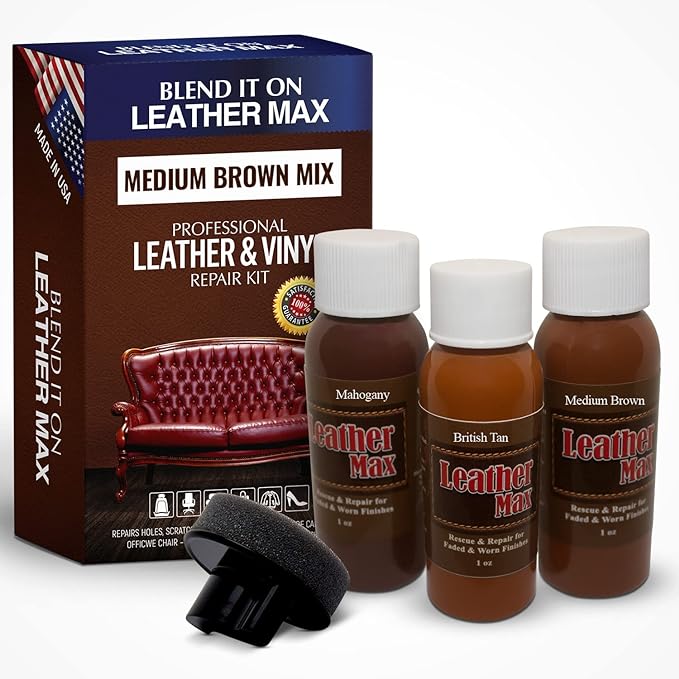 Leather Max Quick Blend Refinish and Repair Kit, Restore Couches, Recolor Furniture & Repair Car Seats, Jackets, Sofa, Boots / 3 Color Shades to Blend with Leather, Vinyl and Bonded (Brown Mix)