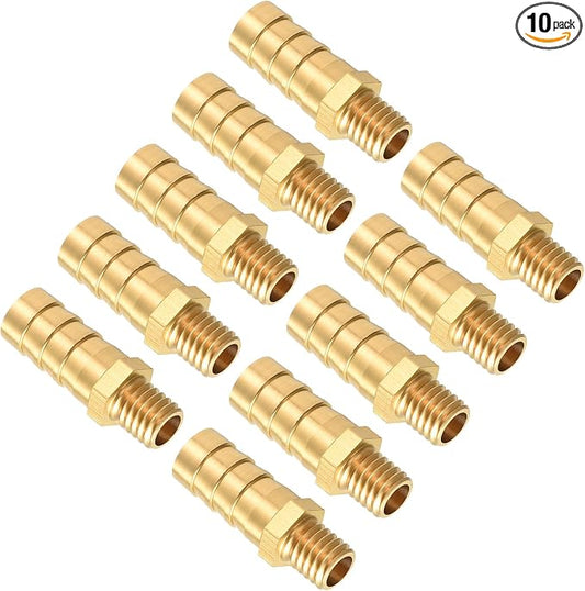 Pack of 10 Brass Hose Barb Fittings 10mm Hose Barb to M8x1.25 Male Fittings for Home Machines, Massage Bathtubs, and Irrigation Systems