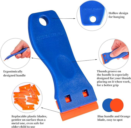 Plastic Razor Blade Scraper, 2 Pack Razor Scraper with 120 Pcs Razor Blades for Removing Glue, Sticker, Decals, Tint from Car Window and Glass(Blue)