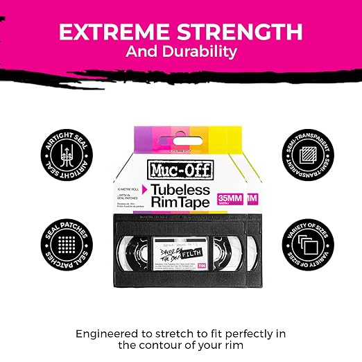 Muc-Off Tubeless Rim Tape 25mm (Pack of 2) - 10m Roll with 4X Seal Patches | Pressure-Sensitive Adhesive for Tubeless Bike Tyre Setups | Fits Road, CX, Gravel, MTB & Plus Rims